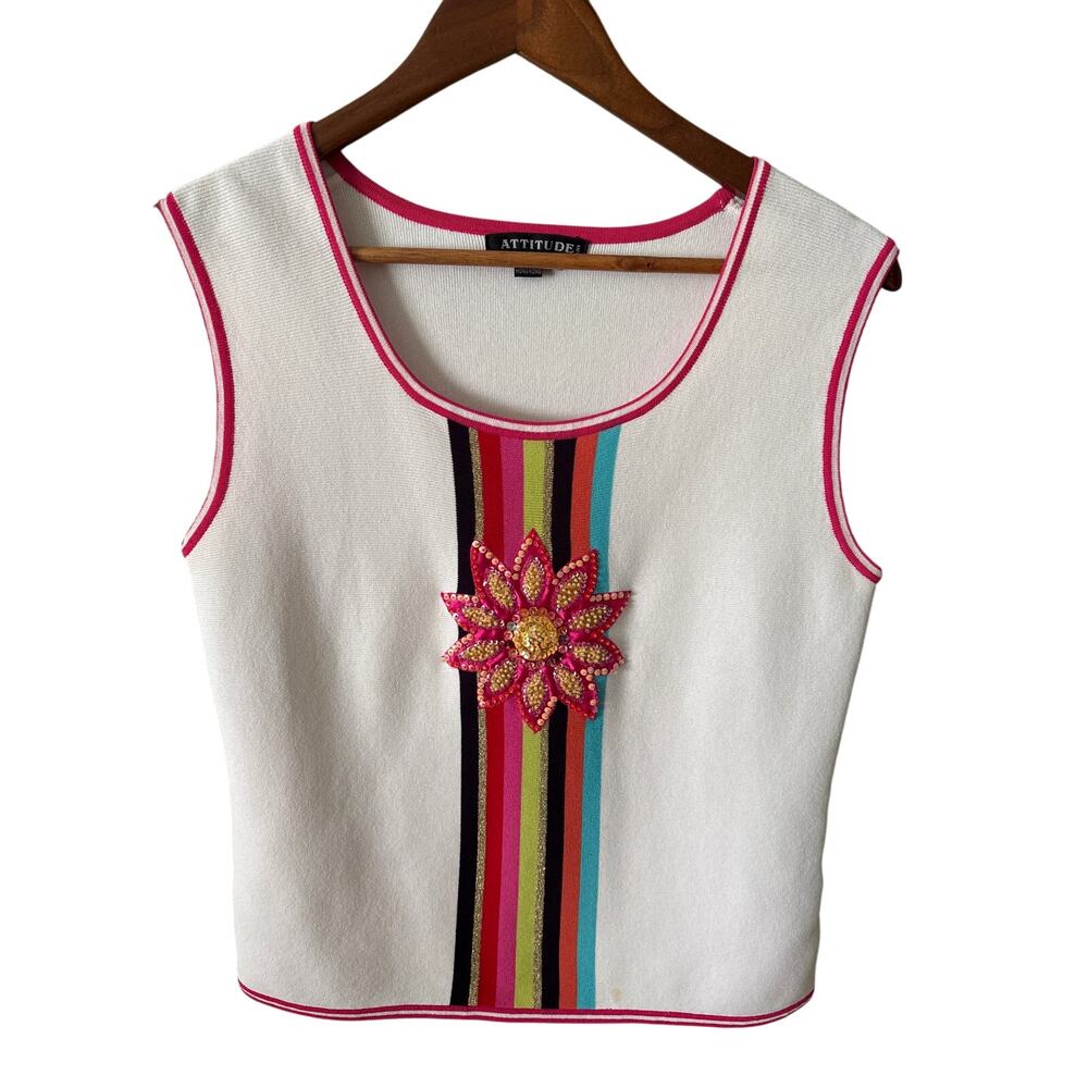 Attitude Tank‎ Top Women's White Knit Size Large Floral Sequined Sleeveless Crop